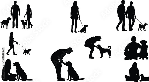 Set of People Walking Training and Playing with Dogs in Silhouette Style Isolated on White Background