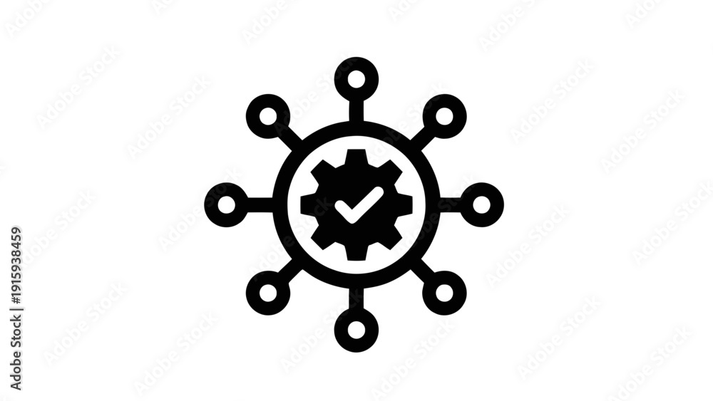 Obraz premium Vector illustration of centralized system management with verified process icon in black outline style on a transparent background