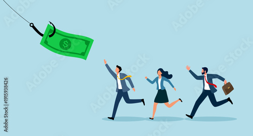 People running after a dollar placed on a hook, trap to attract and catch inexperienced workers, trusting quick money concept vector illustration