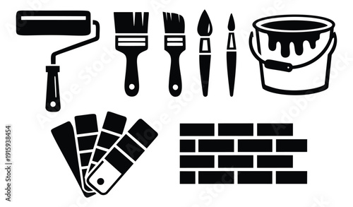 Graphic icon painting and renovation tools set featuring a paint roller, brushes, bucket, color swatches, and brick wall for home improvement projects