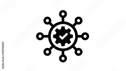 Vector illustration of centralized system management with verified process icon in black outline style on a transparent background