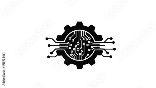 Vector illustration of black silhouette of a gear combined with a microchip circuit board design, symbolizing technology and mechanics on a transparent background