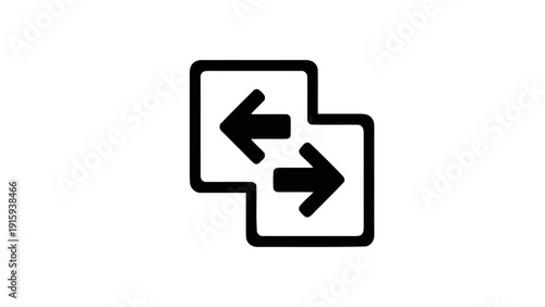 Vector illustration of two overlapping squares with opposite horizontal arrows inside, black icon symbolizing exchange, swap, or transfer concept on a transparent background