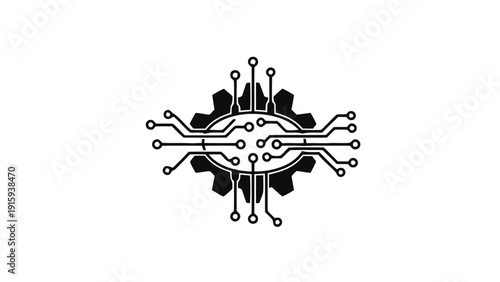 Vector illustration of digital technology gear icon with circuit board traces for innovation and engineering concept on a transparent background
