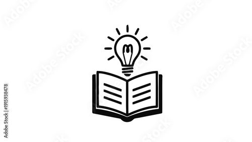 Vector illustration of black and white icon of an open book with a glowing light bulb above it, symbolizing knowledge, idea, learning, and inspiration on a transparent background