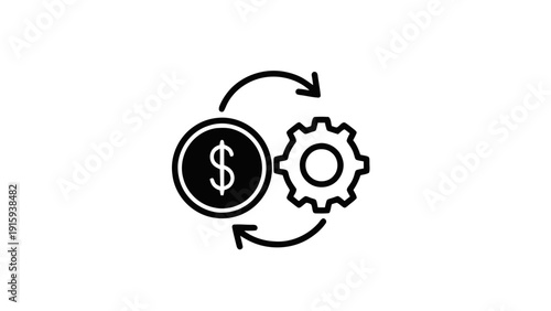 Vector illustration of icon of money exchange with gear, financial process and automation concept, simple black and white line art on a transparent background