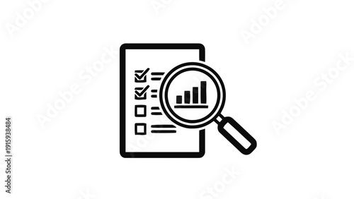 Vector illustration of checklist with magnifying glass showing bar chart icon for business analysis and review concept on a transparent background