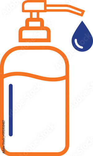 Hand sanitizer dispenser bottle with orange outline and blue drop on transparent background