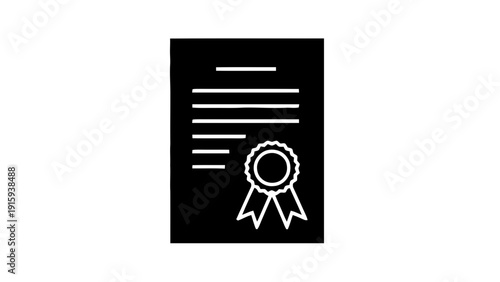 Vector illustration of certificate icon with seal and ribbon, diploma or award document, simple black and white graphic symbol on a transparent background
