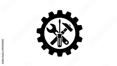 Vector illustration of black and white icon of tools inside a gear, representing maintenance, repair, engineering, or service industry concepts on a transparent background