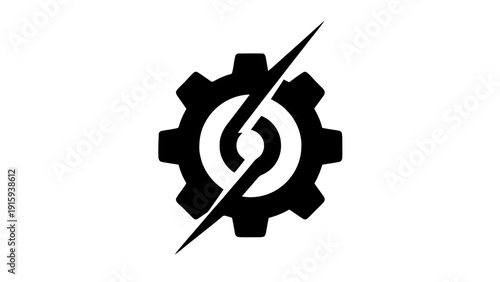 Vector illustration of black silhouette icon of a gear with a lightning bolt crossing through the center, representing power, mechanics, or electrical engineering concept on a transparent background