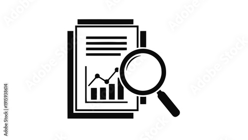 Vector illustration of business report analysis with magnifying glass icon for data inspection and financial review on a transparent background