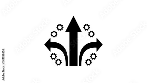 Vector illustration of business strategy arrows pointing up and sideways with gears icon for choice and direction on a transparent background