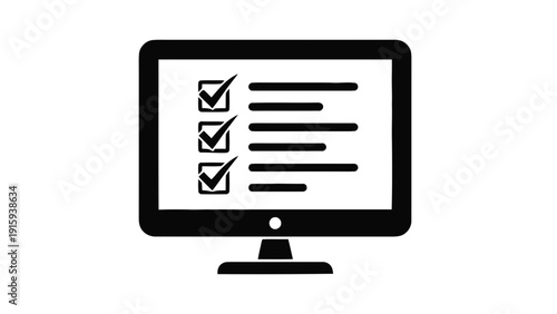Vector illustration of computer monitor displaying a checklist with three completed items and lines of text, black and white icon graphic on a transparent background