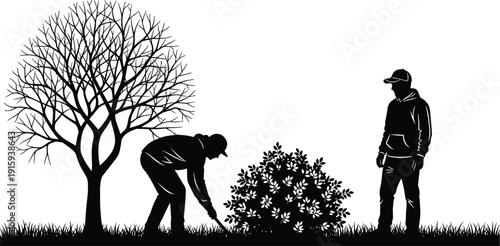 Silhouette gardeners trimming bushes under tree isolated on white background landscaping nature maintenance concept illustration