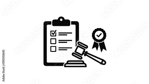 Vector illustration of compliance and quality assurance icon checklist clipboard, gavel, and award ribbon symbolizing legal approval and certification on a transparent background