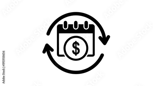 Vector illustration of recurring payment icon with calendar and dollar sign inside circular arrows, symbolizing subscription or automatic billing concept on a transparent background