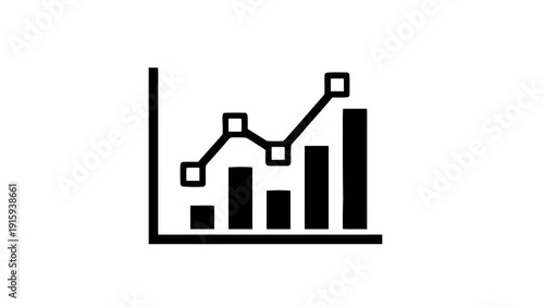 Vector illustration of simple black and white icon of a bar chart with a line graph overlay showing upward trend and data fluctuation on a transparent background