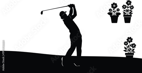 Silhouette golfer swinging club on course isolated on white background sports leisure activity concept illustration