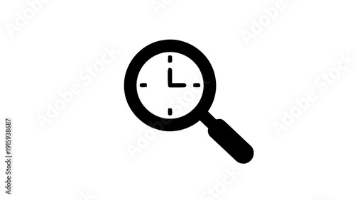 Vector illustration of magnifying glass with clock inside, icon representing time search, history investigation, or temporal analysis concept on a transparent background