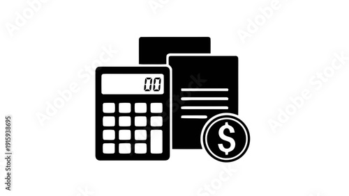 Vector illustration of calculator with documents and dollar coin icon for accounting, finance, budgeting, and calculation concept on a transparent background