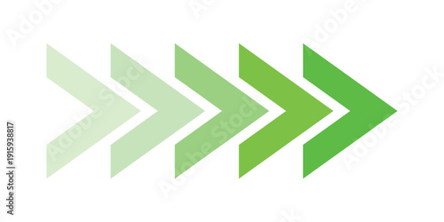 Green Gradient Chevron Arrow Sequence, Set of Five Progressive Directional Pointers for Business Infographics, Growth Success Concepts, and UI Navigation.