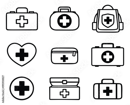 Line art first aid kit icons set featuring various emergency bags, backpacks, and medical crosses for emergency and healthcare needs