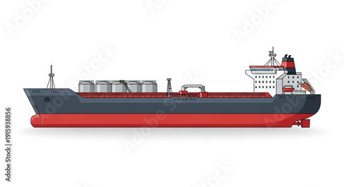 Large cargo ship with red hull and grey deck.