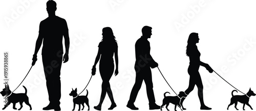 Silhouette of Men and Women Walking Dogs on Leashes Isolated on White Background Lifestyle Concept
