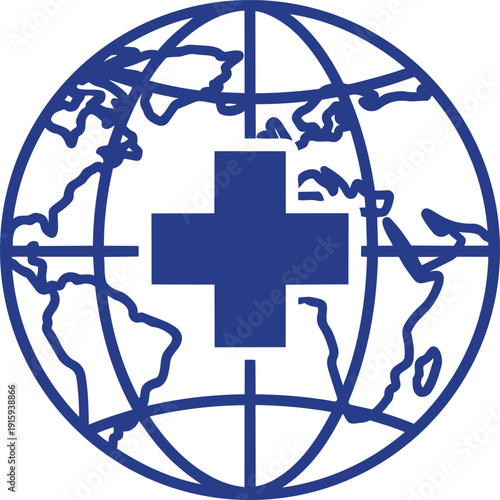 Blue cross emblem superimposed on a stylized world map outline symbolizing global health humanitarian aid and international cooperation isolated on transparent background