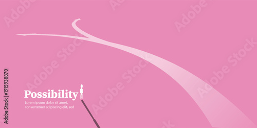 A minimalist graphic illustration on a pink background showing a diverging path, symbolizing choice and future possibilities.