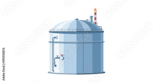 Large industrial storage tank with pipes and chimney.