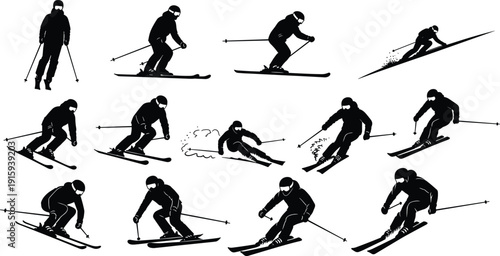 Skier Silhouette Collection Showing Dynamic Alpine Skiing Poses Isolated On White Background Illustration