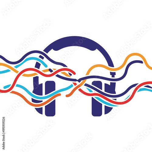 Abstract Sound Waves Flowing Through Headphones Icon, Music Technology Concept