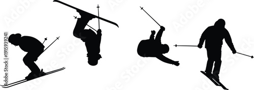 Skier silhouettes performing freestyle jumps tricks and aerial stunts winter sport vector illustration set collection