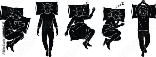 Sleeping person silhouettes set with different sleep positions bedtime rest vector illustration collection isolated design