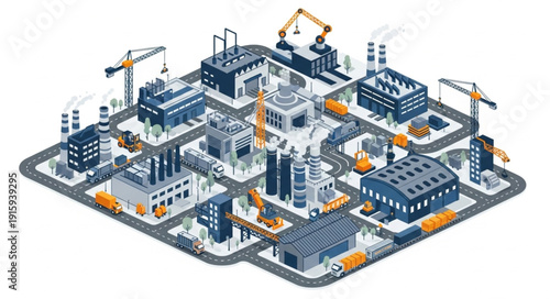 Isometric industrial complex with factories and cranes.