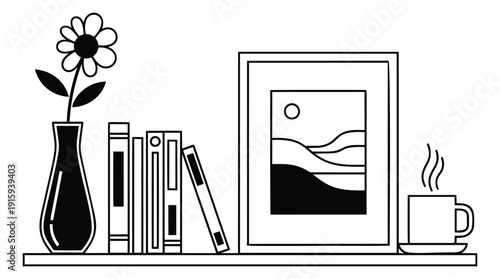 Line art home decor objects set featuring a flower vase, books, a framed artwork, and a steaming cup for interior design