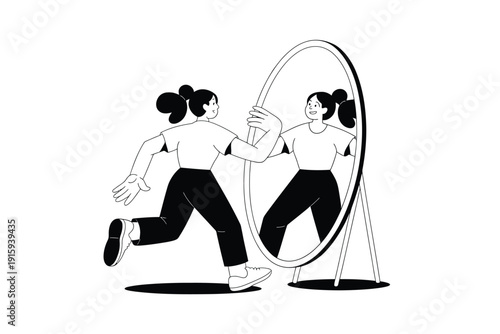 Woman runs towards a colorful mirror illustration with vibrant background