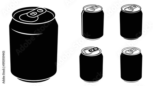 Black Soda Cans Collection: Single Large Can and Group of Four Small Cans