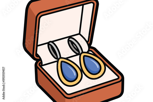 Earrings in a brown jewelry box with blue stones and gold frames