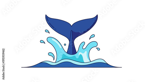 Blue whale tail fin diving into ocean water splash, marine life, underwater scene