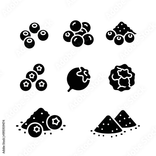 Blueberry Icons Set: Fresh Berries, Powder, and Dried Fruit Illustrations