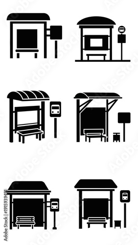 Bus Stop Icons Set: Modern Shelters, Benches, and Signs