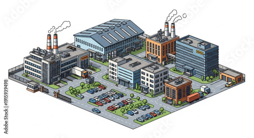 Isometric industrial complex with factories and office buildings.