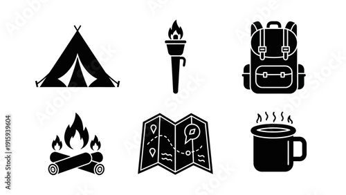 Camping Icons: Tent, Torch, Backpack, Campfire, Map, Mug - Outdoor Adventure Gear