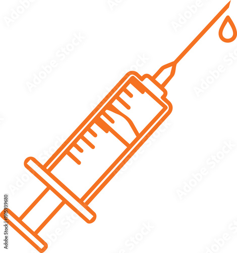 Orange medical syringe with needle and drop on transparent background for healthcare concepts