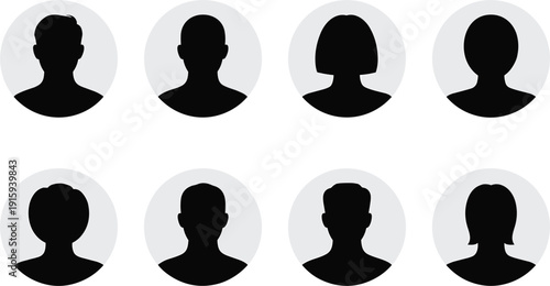 Black silhouette profile icons of men and women within grey circles Keywords: silhouette, people, profile, avatar, icon, male