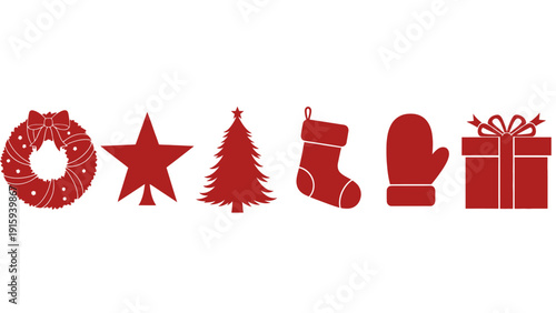 Christmas Icons Set: Wreath, Star, Tree, Stocking, Mitten, Gift Box - Red Silhouettes