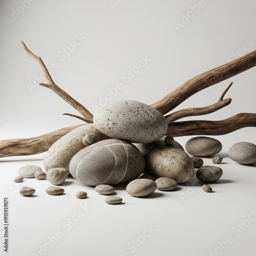 Assorted Pebbles and Branch Arrangement on Clean White Background